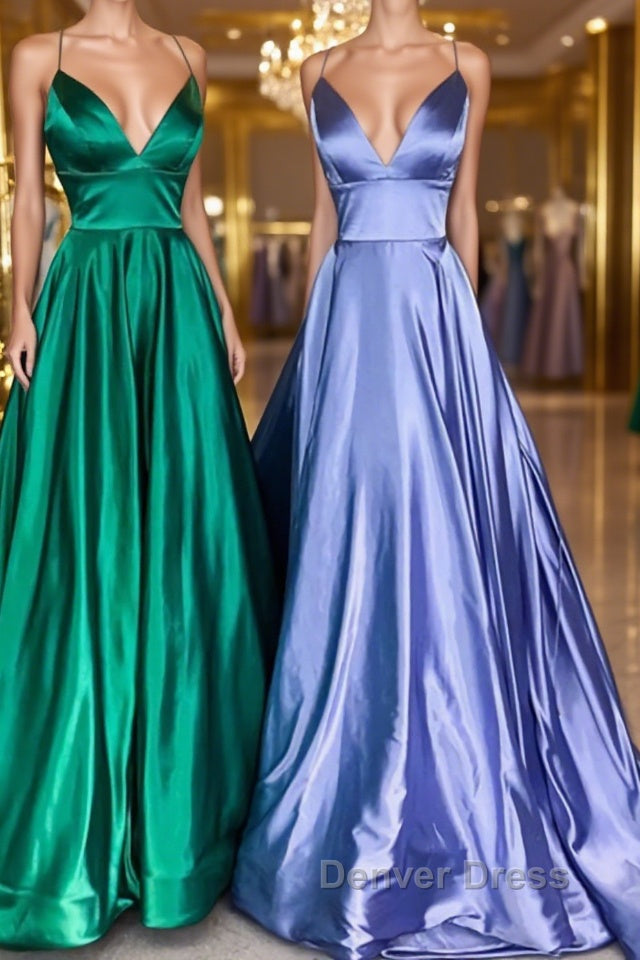 Simple A Line V Neck Emerald Green Blue Long Prom Dress, Simple Satin Long Prom Dresses Main image