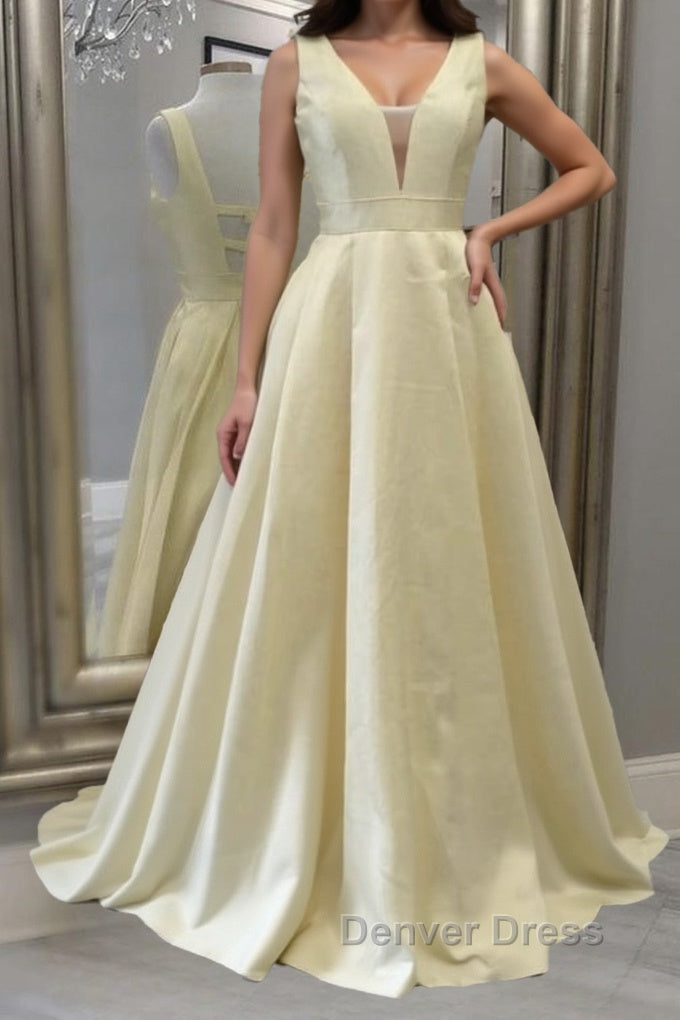 Simple A Line V Neck Open Back Yellow Long Prom Dress, Yellow Prom Dresses