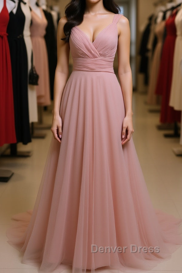 Simple A Line V Neck Pink Tulle Long Prom Dress Bridesmaid Dress, V Neck Pink Prom Dress, Pink Prom Dresses