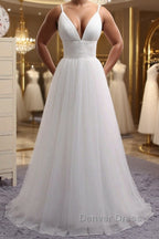 Simple A Line V Neck White Wedding Dress, V Neck White Tulle Prom Dresses