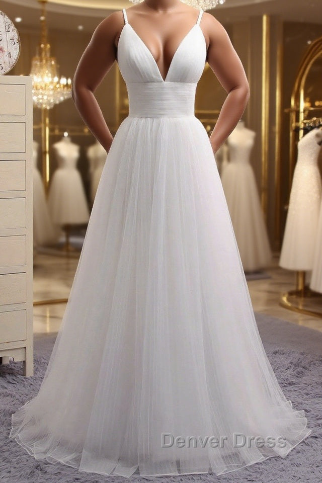 Simple A Line V Neck White Wedding Dress, V Neck White Tulle Prom Dresses