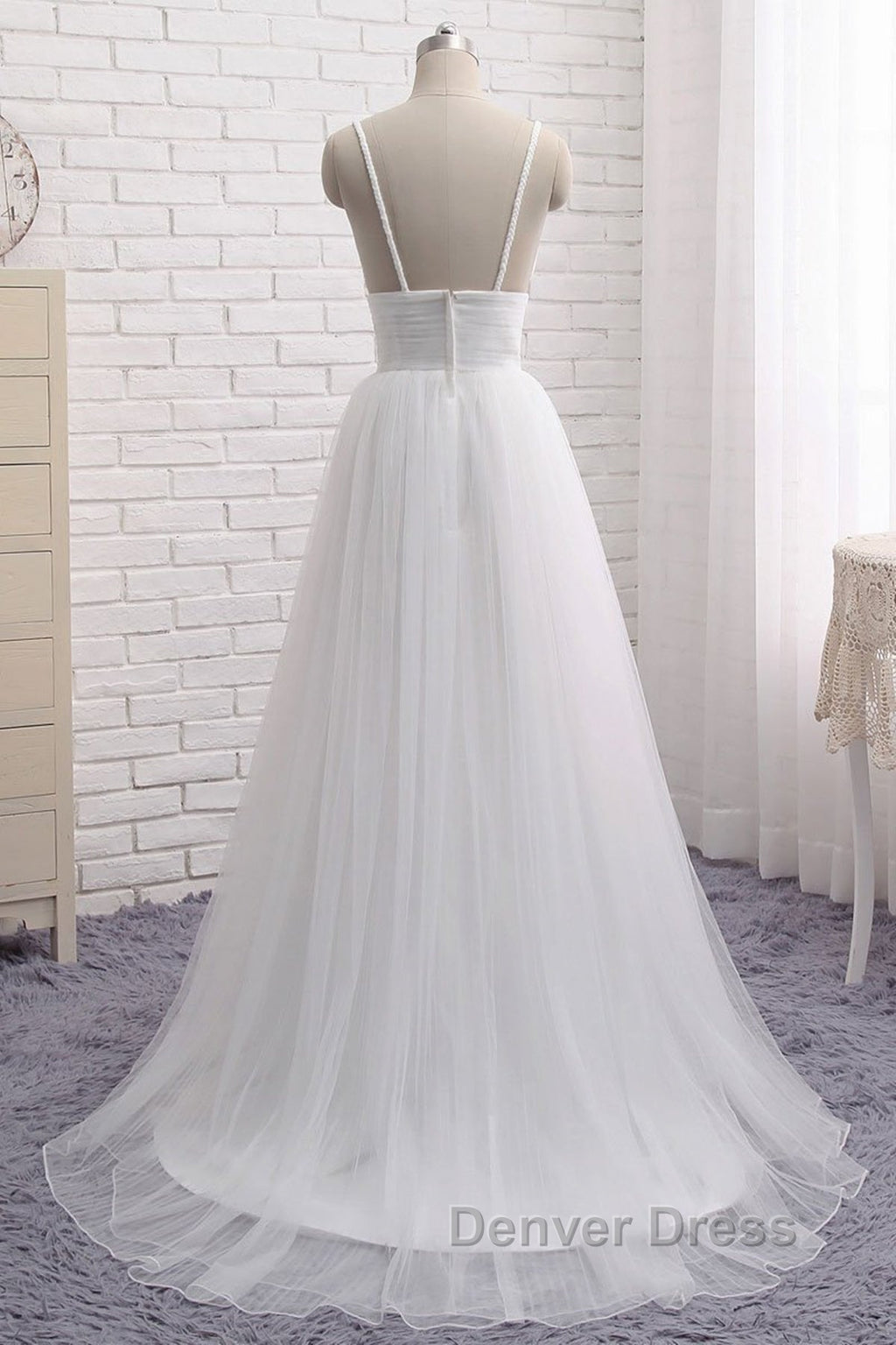Simple A Line V Neck White Wedding Dress, V Neck White Tulle Prom Dresses