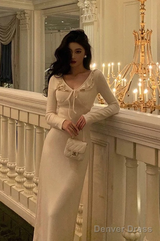 Simple A Line V Neckline Ivory Long Prom Dresses Birthday Outfits Prom Gowns