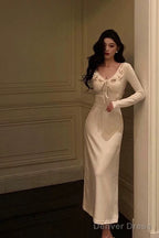 Simple A Line V Neckline Ivory Long Prom Dresses Birthday Outfits Evening Gown