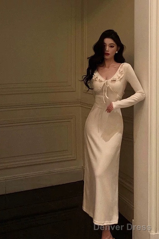 Simple A Line V Neckline Ivory Long Prom Dresses Birthday Outfits Prom Gowns