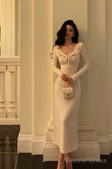 Simple A Line V Neckline Ivory Long Prom Dresses Birthday Outfits Evening Gown