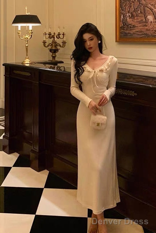 Simple A Line V Neckline Ivory Long Prom Dresses Birthday Outfits Evening Gown Main image