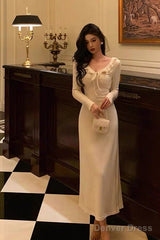 Simple A Line V Neckline Ivory Long Prom Dresses Birthday Outfits Evening Gown