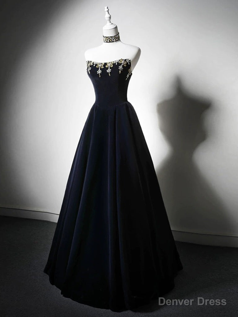 Simple A Line Velvet Dark Blue Long Prom Dresses with Beads