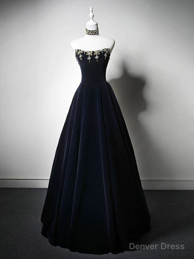 Simple A Line Velvet Dark Blue Long Prom Dresses with Beads Main image