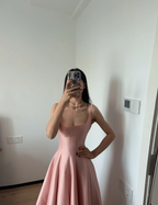 Simple And Elegant Pink A-Line Square Neck Halter Satin Prom Dresses Evening Dresses