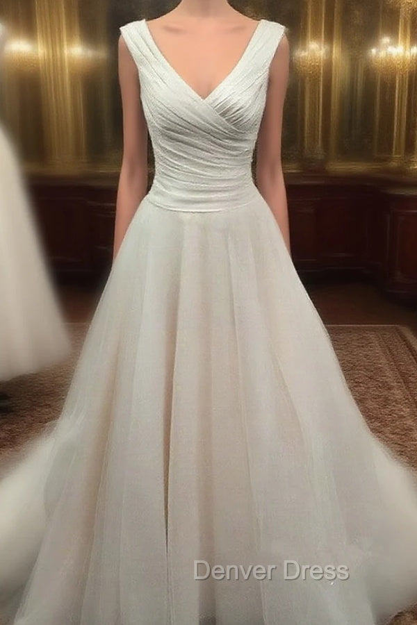 Simple And Elegant Ruched Satin V Neck Tulle Wedding Dresses