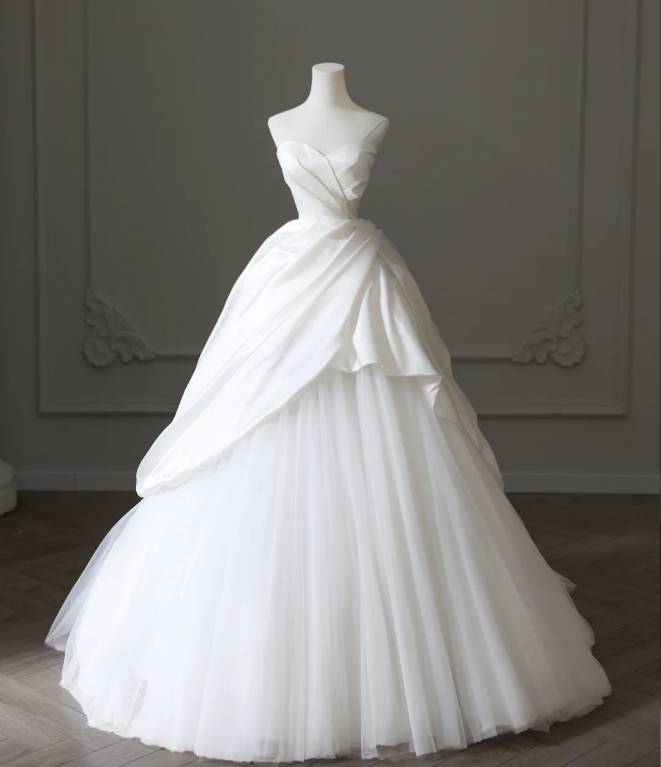 Simple And Elegant White Sweetheart Neckline Satin Tulle A-Line Floor-Length Wedding Dresses