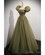 Simple And Minimalist Clover Green Square Neckline Fluffy Short Sleeved Sequin Ball Dress In Clover A Line Princess Backless And Ground Length Prom Dresses