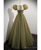 Simple And Minimalist Clover Green Square Neckline Fluffy Short Sleeved Sequin Ball Dress In Clover A Line Princess Backless And Ground Length Prom Dresses