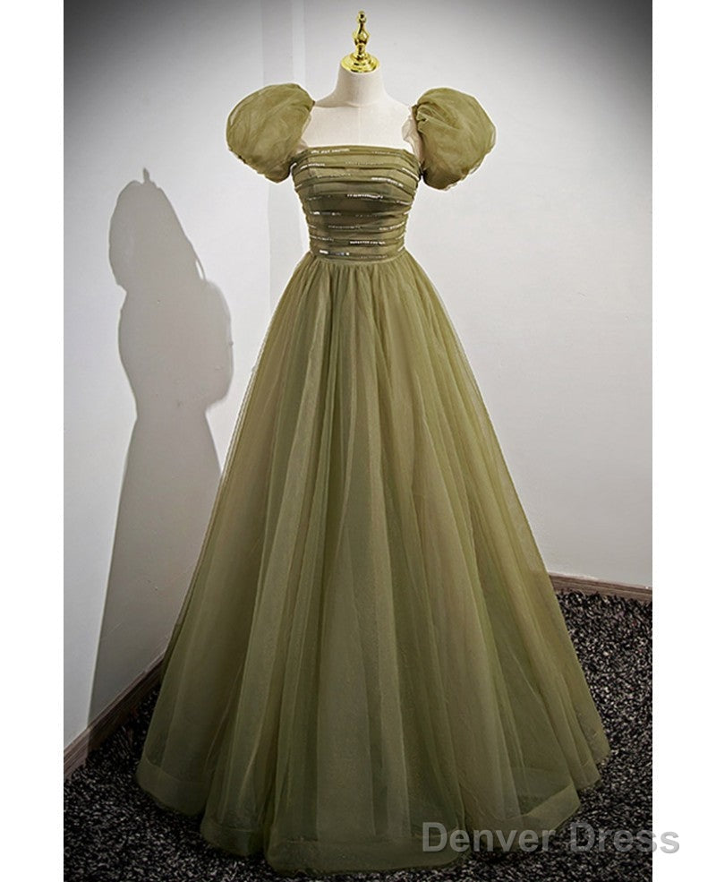 Simple And Minimalist Clover Green Square Neckline Fluffy Short Sleeved Sequin Ball Dress In Clover A-Line Princess Backless And Ground Length Evening Dress Main image