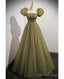 Simple And Minimalist Clover Green Square Neckline Fluffy Short Sleeved Sequin Ball Dress In Clover A Line Princess Backless And Ground Length Prom Dresses