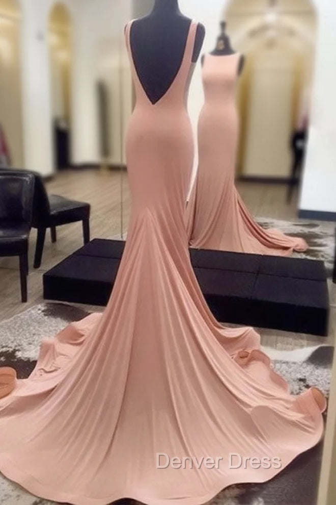 Simple Backless Mermaid Pink Prom Dress For Teens, Pink Prom Dresses