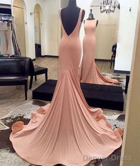 Simple Backless Mermaid Pink Prom Dress For Teens, Pink Evening Dress