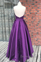 Simple Backless Purple Satin Long Prom Dress, Backless Purple Prom Dress, Purple Prom Dresses