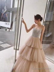 Simple Ball Gown Champagne Tulle Prom Dresses Evening Dress