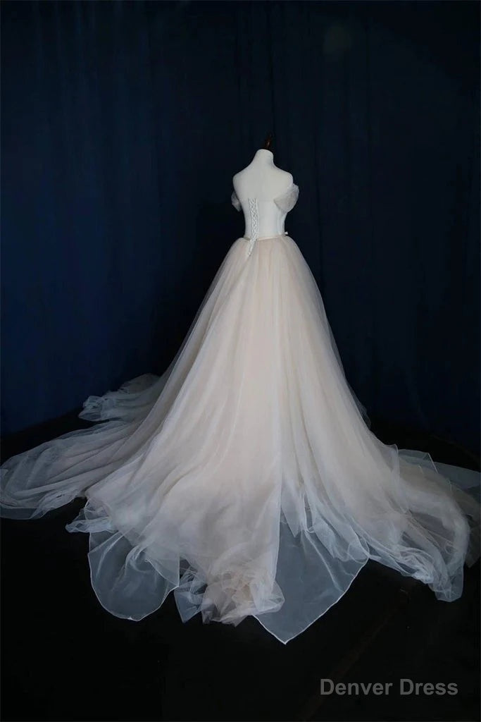 Simple Ball Gowns Lace up Ivory Tulle Off The Shoulder Wedding Prom Dress, Ivory Prom Dresses Secondary image