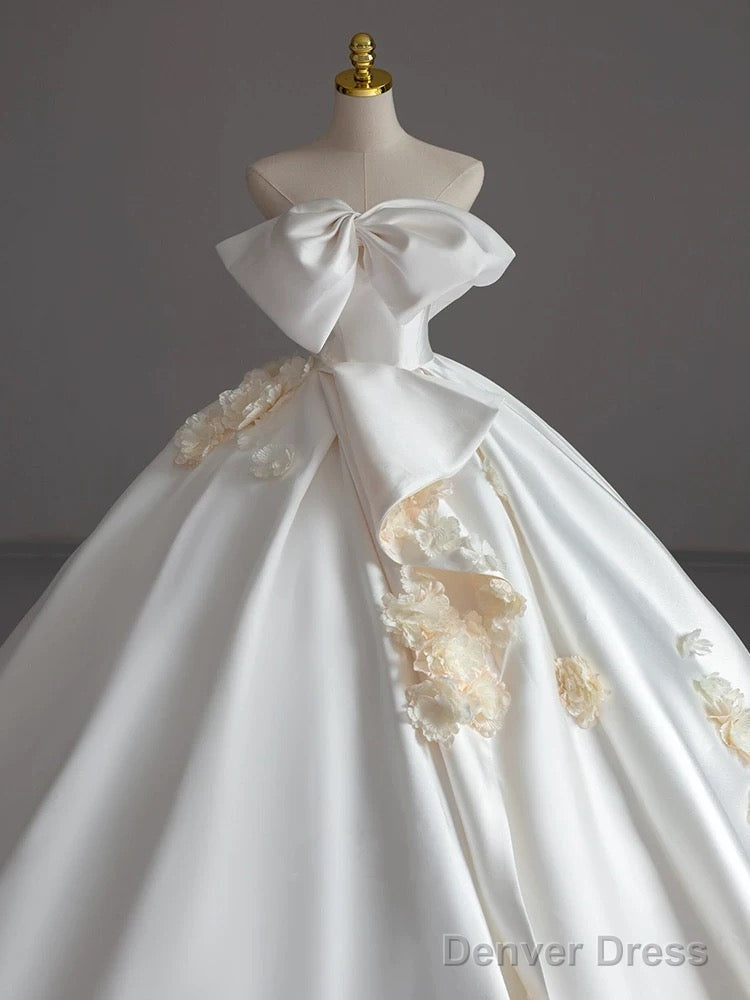 Simple Ball Gown Strapless Sleeveless Satin White Wedding Dresses Brides Dress With Bow Secondary image