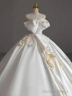 Simple Ball Gown Strapless Sleeveless Satin White Wedding Dresses Brides Dress With Bow