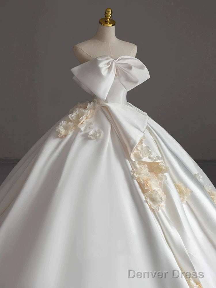 Simple Ball Gown Strapless Sleeveless Satin White Wedding Dresses Brides Dress With Bow