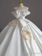 Simple Ball Gowns Strapless Sleeveless Satin White Wedding Dress Brides Dresses With Bow