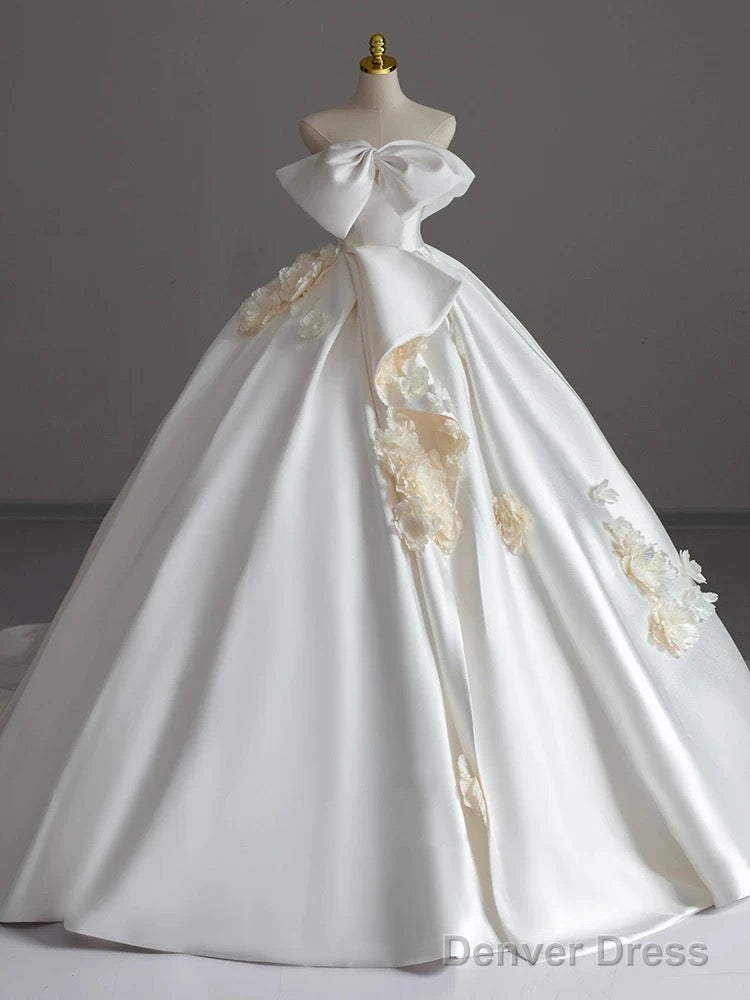 Simple Ball Gowns Strapless Sleeveless Satin White Wedding Dress Brides Dresses With Bow