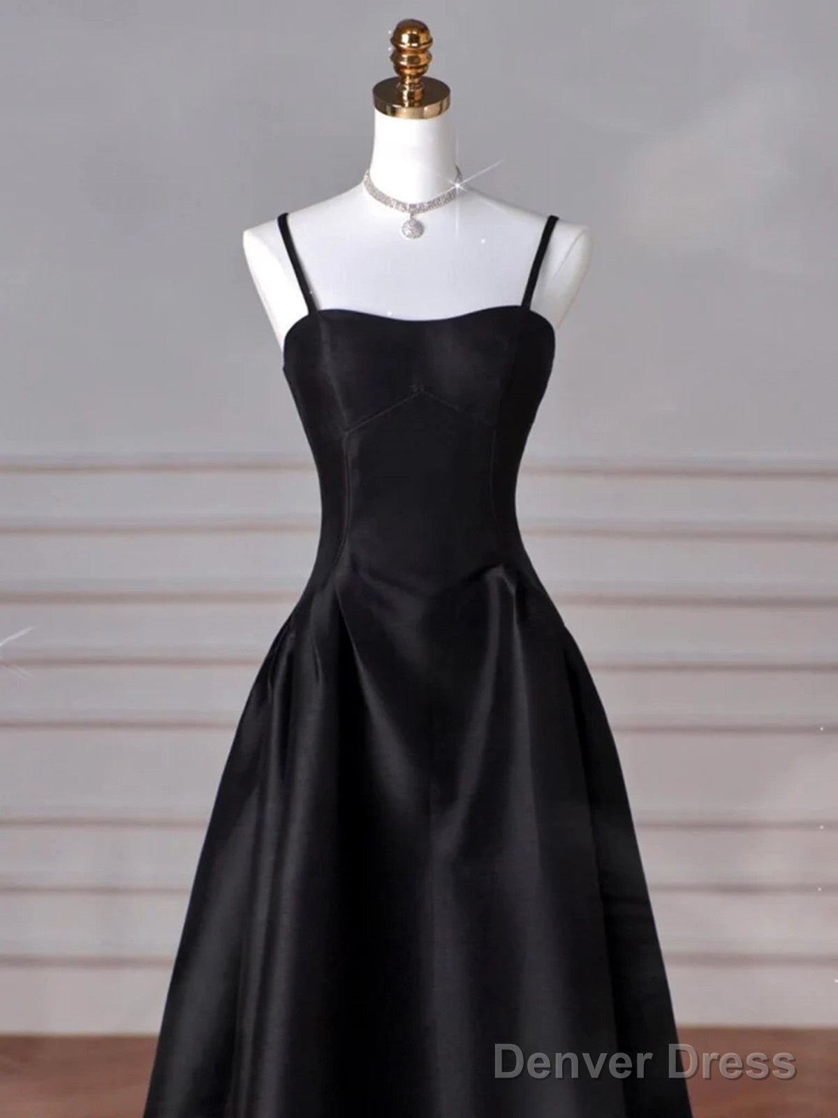 Simple Black A-Line Satin Straps Long Party Dress, Black Satin Prom Dress Secondary image