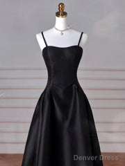 Simple Black A-Line Satin Straps Long Party Dress, Black Satin Prom Dress