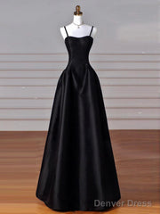 Simple Black A-Line Satin Straps Long Party Dress, Black Satin Prom Dress