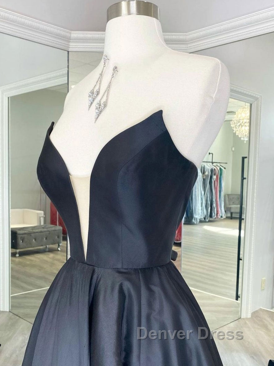 Simple black satin long prom Dress, black Prom Dresses