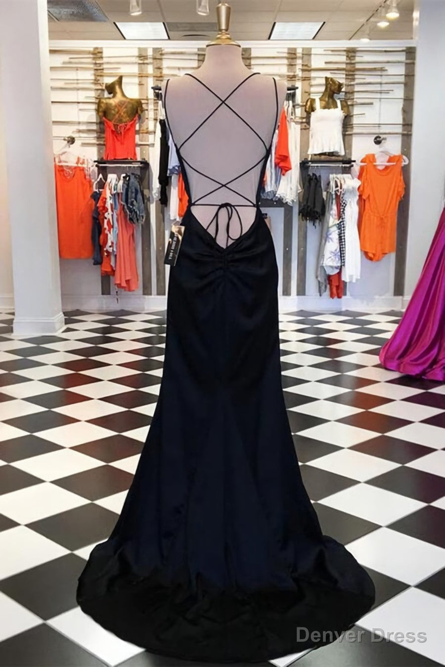 Simple Black Satin Sheath Spaghetti Straps Long Prom Dresses, Prom Gowns Secondary image