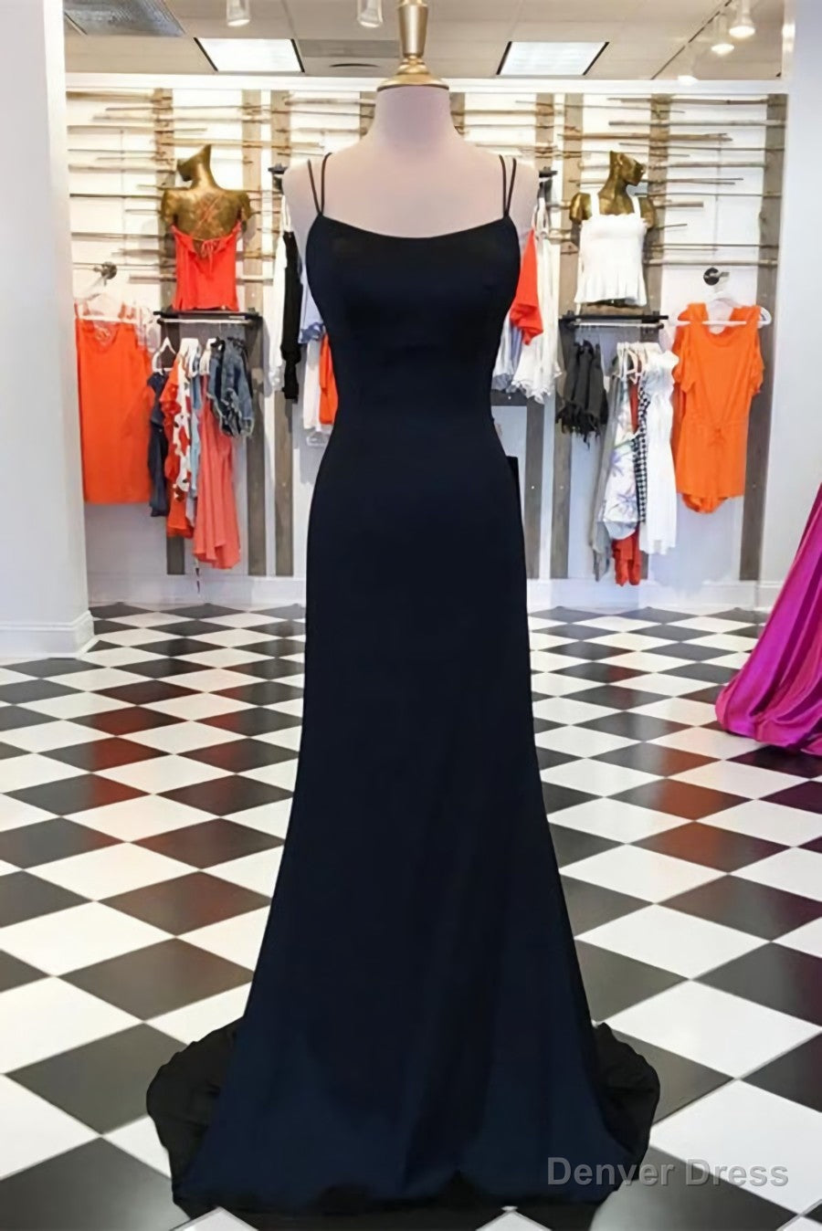 Simple Black Satin Sheath Spaghetti Straps Long Prom Dresses, Evening Gown Main image