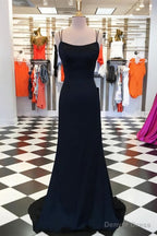 Simple Black Satin Sheath Spaghetti Straps Long Prom Dresses, Evening Gown