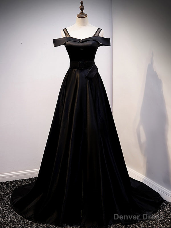 Simple Black Satin Straps Prom Dresses With Belt Main image