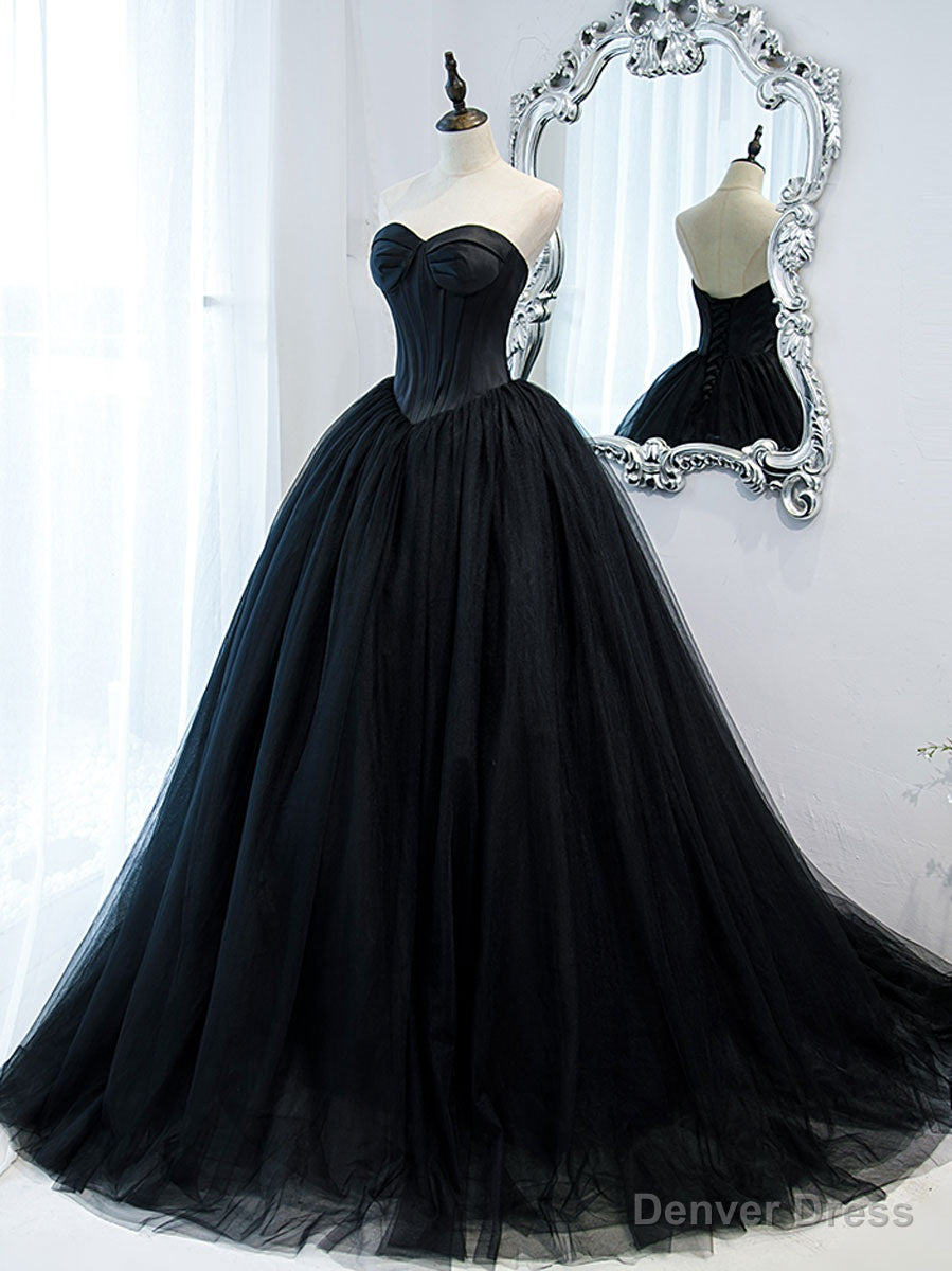 Simple Black Sweetheart Neck Tulle Long Prom Dress, Black Evening Dresses Main image