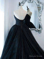 Simple Black Sweetheart Neck Tulle Long Prom Dress, Black Prom Dresses