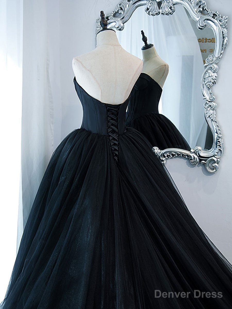 Simple Black Sweetheart Neck Tulle Long Prom Dress, Black Prom Dresses