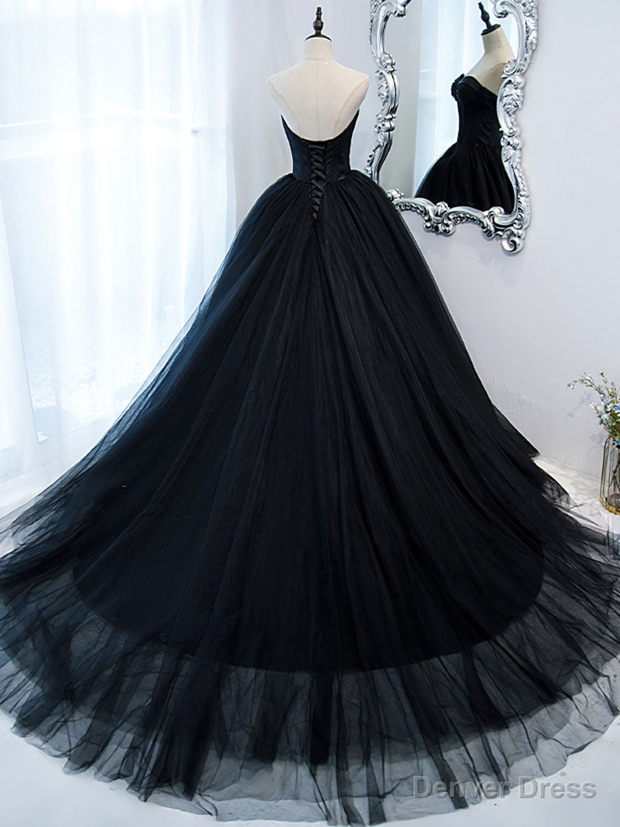 Simple Black Sweetheart Neck Tulle Long Prom Dress, Black Prom Dresses