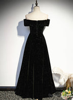 Simple Black Sweetheart Off Shoulder Long Velvet Prom Dress, Black Prom Dresses