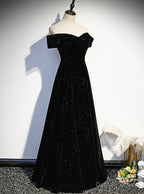 Simple Black Sweetheart Off Shoulder Long Velvet Prom Dress, Black Prom Dresses