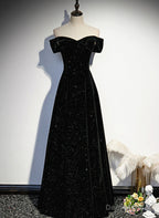 Simple Black Sweetheart Off Shoulder Long Velvet Prom Dress, Black Prom Dresses