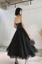 Simple Black Tea Length Prom Dress Black Tulle Homecoming Dress