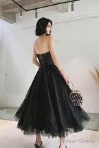 Simple Black Tea Length Prom Dress Black Tulle Homecoming Dresses