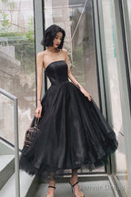 Simple Black Tea Length Prom Dress Black Tulle Homecoming Dress
