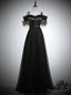Simple Black Tulle Satin Spaghetti Straps Button Prom Dress